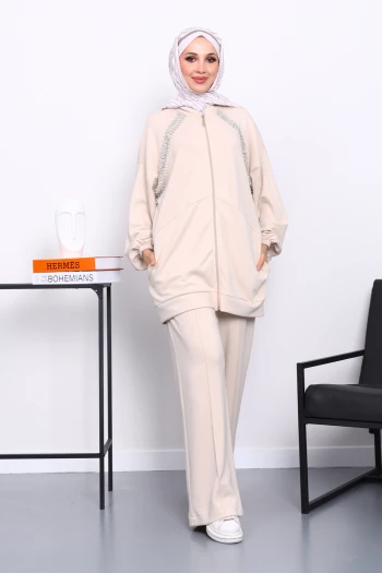 Bej Çift Cepli Taş İşlemeli Modal Takım