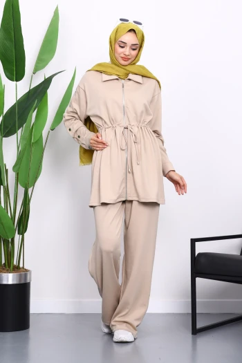 Bej Çıtçıt Detaylı Tunik Pantolonlu Modal Takım