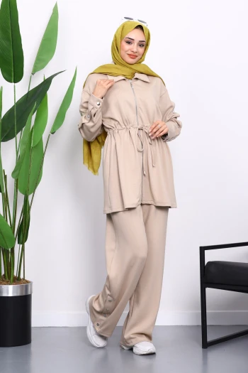 Bej Çıtçıt Detaylı Tunik Pantolonlu Modal Takım