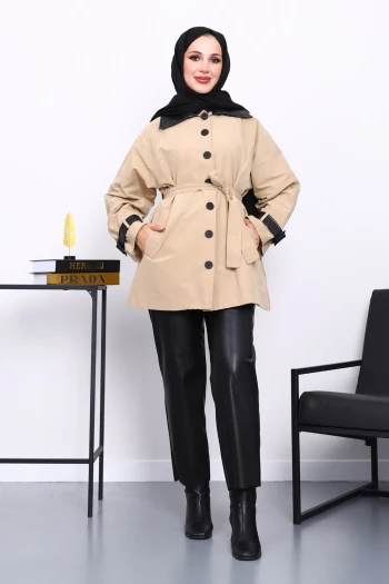 Bej Deri Detaylı Kuşaklı Trençkot