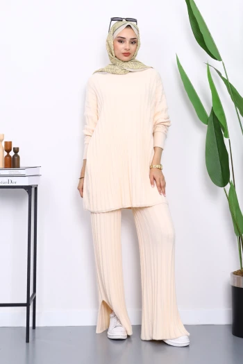 Bej Fitilli Yumoş Tunik Pantolonlu Takım