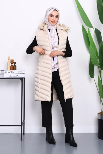 Bej Kapüşonlu Uzun Şişme Yelek