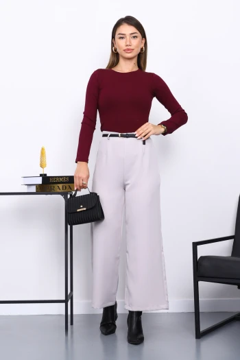 Bej Kemerli Yan Fermuarlı Pantolon