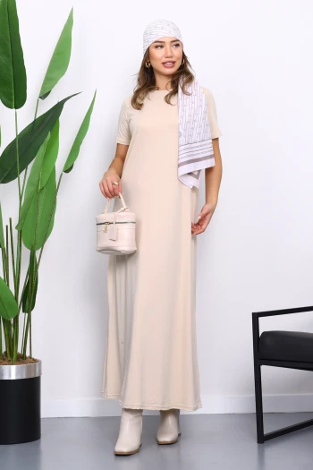 Bej Kısa Kol Tesettür İçlik Elbise