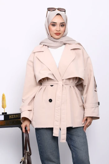 Bej Kravuze Yaka Düğmeli Kısa Trençkot