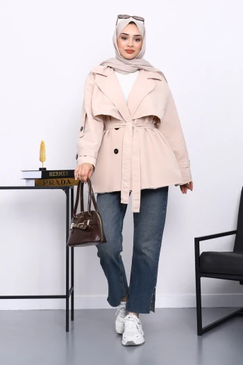 Bej Kravuze Yaka Düğmeli Kısa Trençkot