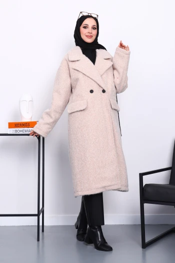 Bej Kruvaze Yaka Astarlı Kaşe Kaban