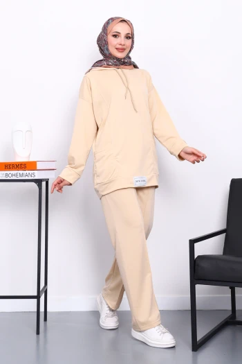 Bej Önü Etiketli İki İplik Tesettür Takım