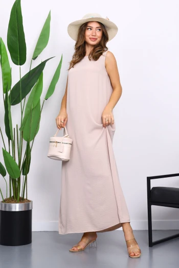 Bej Sıfır Kol Ayrobin Tesettür İçlik Elbise