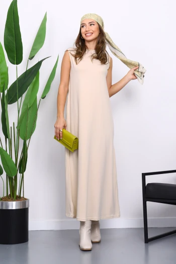 Bej Sıfır Kol Penye Tesettür İçlik Elbise