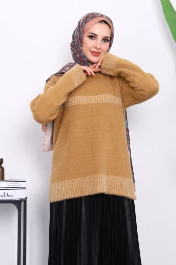 Bisküvi Bisiklet Yaka Çizgili Angora Yumoş Triko Kazak