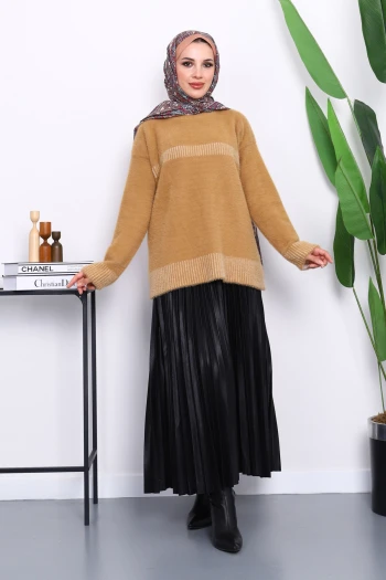 Bisküvi Bisiklet Yaka Çizgili Angora Yumoş Triko Kazak