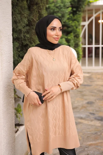 Bisküvi Bisiklet Yaka Soğuk İplik Triko Tunik