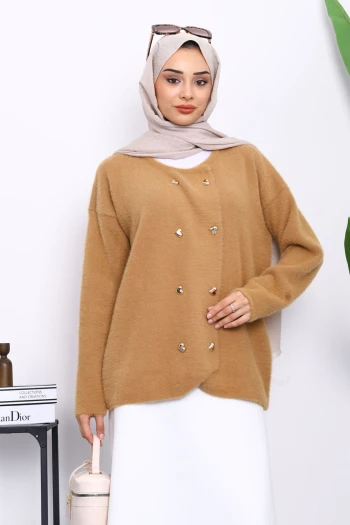 Bisküvi Kalp Düğme Detaylı Angora Yumoş Triko Hırka