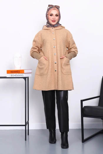 Bisküvi Kapşonlu Buklet Kaban