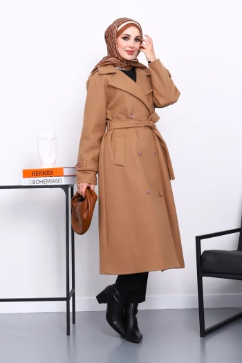 Bisküvi Kruvaze Yaka Kuşaklı Kaşe Kaban