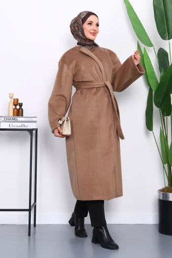 Bisküvi Kuşaklı Kaşe Kaban