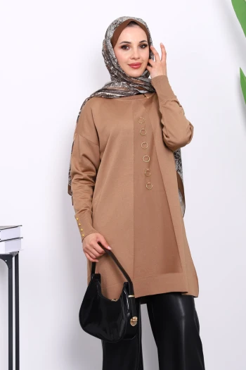 Bisküvi Ön Detaylı Soğuk İplik Triko Tunik