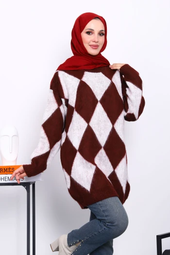 Bordo Baklava Desenli Triko Kazak