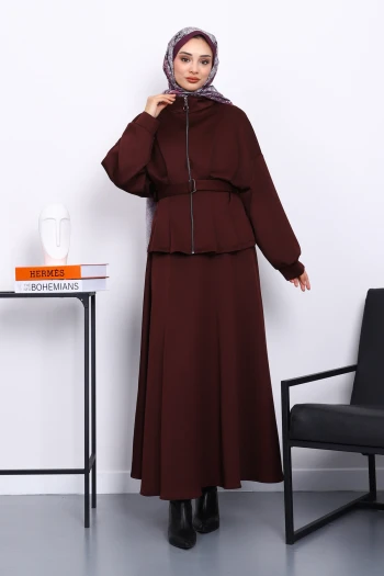 Bordo Bel Detaylı Ceket Etekli Scuba Takım