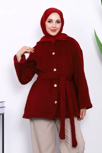 Bordo Bel Kuşaklı Düğmeli Kaşe Ceket