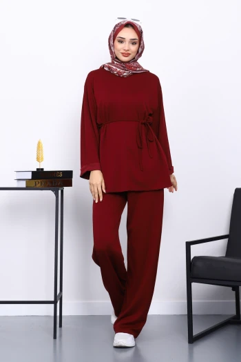 Bordo Belden Bağlamalı Pantolon Cepli Modal Takım