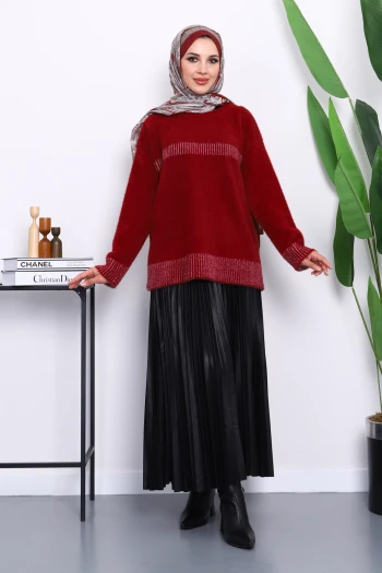 Bordo Bisiklet Yaka Çizgili Angora Yumoş Triko Kazak