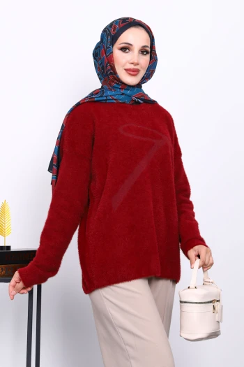 Bordo Bisiklet Yaka Desenli Angora Yumoş Triko Kazak