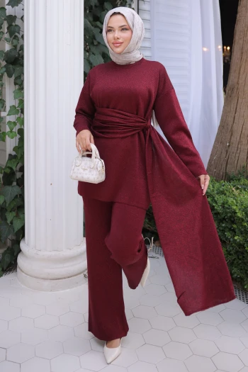 Bordo Bisiklet Yaka Simli Pantolonlu Takım