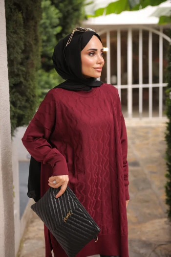 Bordo Bisiklet Yaka Soğuk İplik Triko Tunik