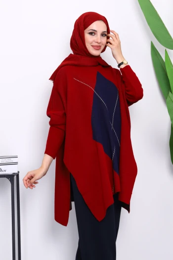 Bordo Bisiklet Yaka Yan Yırtmaçlı Panço