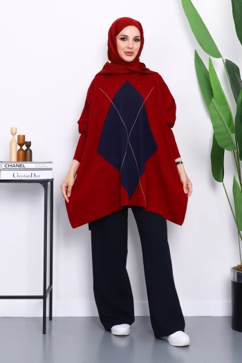 Bordo Bisiklet Yaka Yan Yırtmaçlı Panço