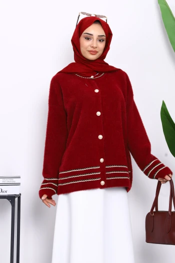Bordo Biye Detaylı Angora Yumoş Triko Hırka