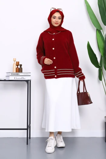 Bordo Biye Detaylı Angora Yumoş Triko Hırka
