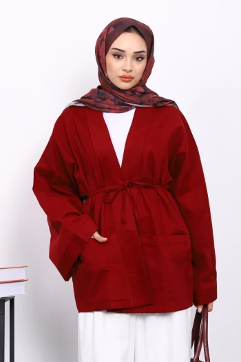 Bordo Cepli İp Detaylı Kanvas Ceket