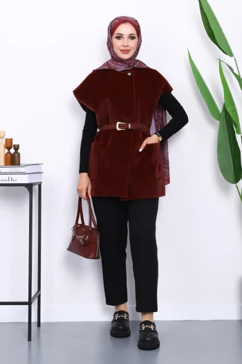 Bordo Cepli Kemerli Kaşe Yelek
