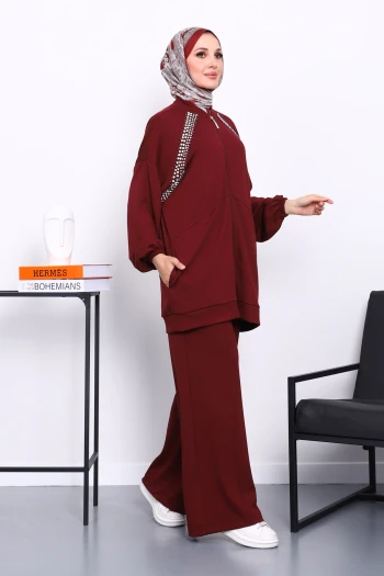 Bordo Çift Cepli Taş İşlemeli Modal Takım