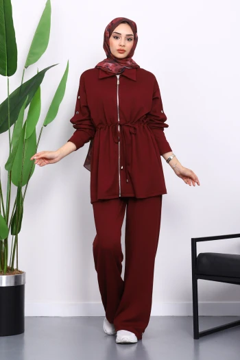 Bordo Çıtçıt Detaylı Tunik Pantolonlu Modal Takım
