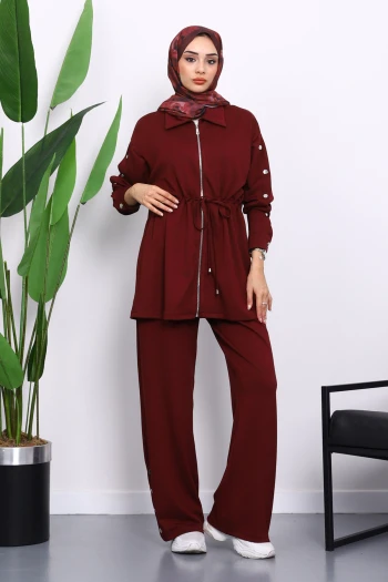 Bordo Çıtçıt Detaylı Tunik Pantolonlu Modal Takım