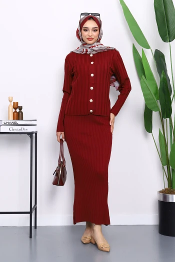 Bordo Crop Hırka Triko Elbise İkili Kombin