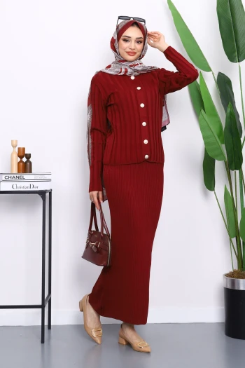 Bordo Crop Hırka Triko Elbise İkili Kombin