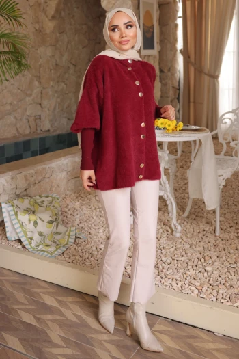 Bordo Dik Yaka Angora Yumoş Hırka