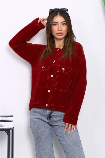 Bordo Dik Yaka Angora Yumoş Hırka