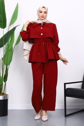 Bordo Double Krep Tunik Pantolonlu Takım