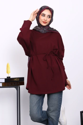 Bordo Düğme Detaylı Oversize Sweatshirt