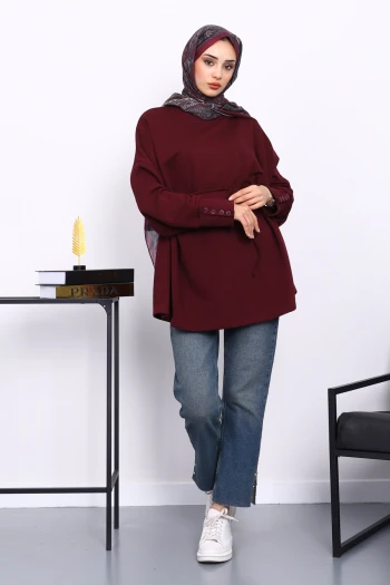 Bordo Düğme Detaylı Oversize Sweatshirt