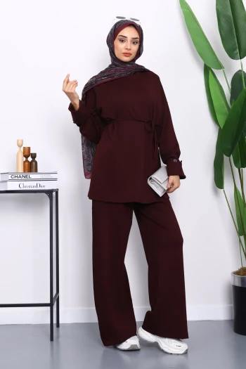 Bordo Düğme Detaylı Tunik Pantolonlu Modal Takım