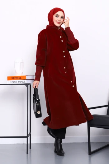 Bordo Düğmeli Kolları Triko Angora Kaban