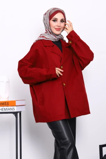 Bordo Düğmeli Oversize Kanvas Ceket