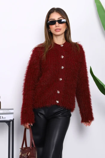 Bordo Düğmeli Simli Angora Yumoş Triko Hırka